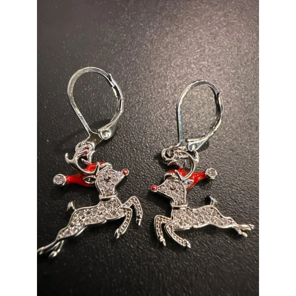 Rhinestone Reindeer Dangle Earrings Festive Leverback Holiday Jewelry